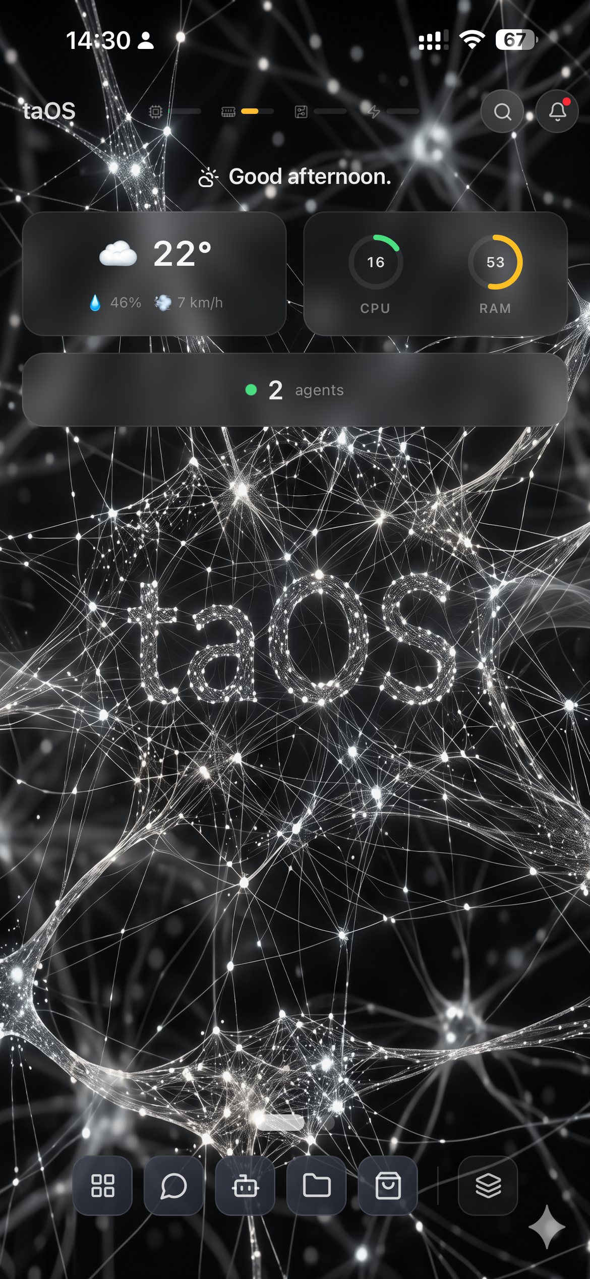 taOS on a phone: widget-first home screen